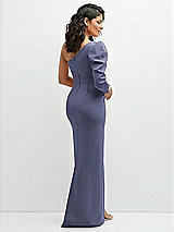 Rear View Thumbnail - French Blue 3/4 Puff Sleeve One-shoulder Maxi Dress with Rhinestone Bow Detail