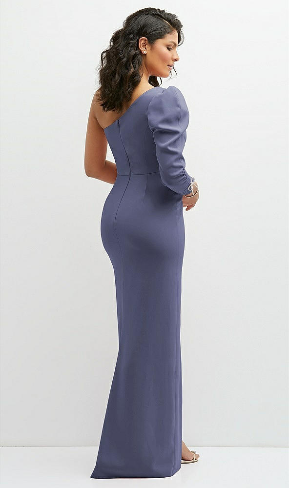 Back View - French Blue 3/4 Puff Sleeve One-shoulder Maxi Dress with Rhinestone Bow Detail