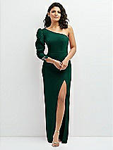 Front View Thumbnail - Hunter Green 3/4 Puff Sleeve One-shoulder Maxi Dress with Rhinestone Bow Detail
