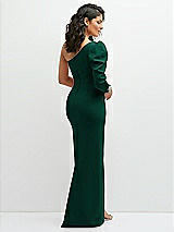 Rear View Thumbnail - Hunter Green 3/4 Puff Sleeve One-shoulder Maxi Dress with Rhinestone Bow Detail