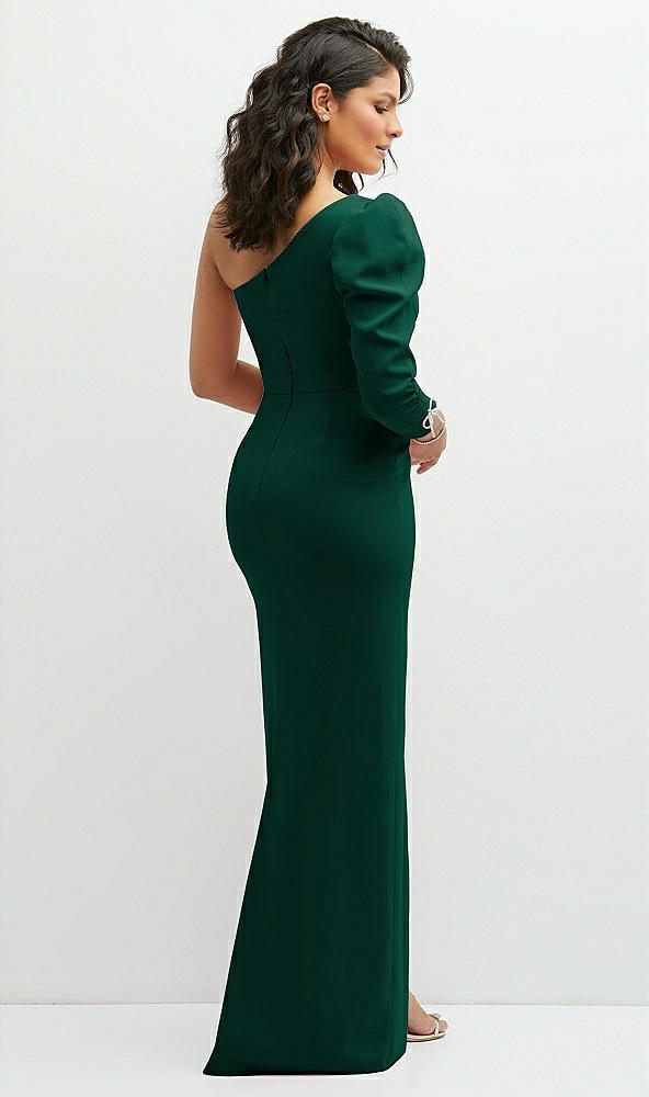 Back View - Hunter Green 3/4 Puff Sleeve One-shoulder Maxi Dress with Rhinestone Bow Detail