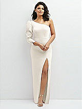 Front View Thumbnail - Ivory 3/4 Puff Sleeve One-shoulder Maxi Dress with Rhinestone Bow Detail