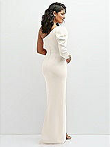 Rear View Thumbnail - Ivory 3/4 Puff Sleeve One-shoulder Maxi Dress with Rhinestone Bow Detail