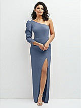 Front View Thumbnail - Larkspur Blue 3/4 Puff Sleeve One-shoulder Maxi Dress with Rhinestone Bow Detail