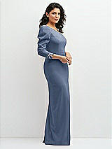 Side View Thumbnail - Larkspur Blue 3/4 Puff Sleeve One-shoulder Maxi Dress with Rhinestone Bow Detail