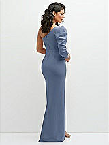 Rear View Thumbnail - Larkspur Blue 3/4 Puff Sleeve One-shoulder Maxi Dress with Rhinestone Bow Detail