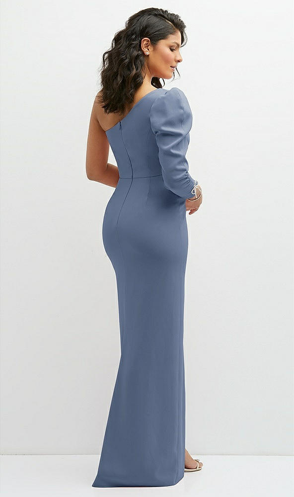 Back View - Larkspur Blue 3/4 Puff Sleeve One-shoulder Maxi Dress with Rhinestone Bow Detail