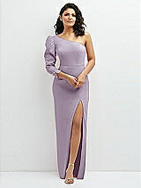 Front View Thumbnail - Lilac Haze 3/4 Puff Sleeve One-shoulder Maxi Dress with Rhinestone Bow Detail