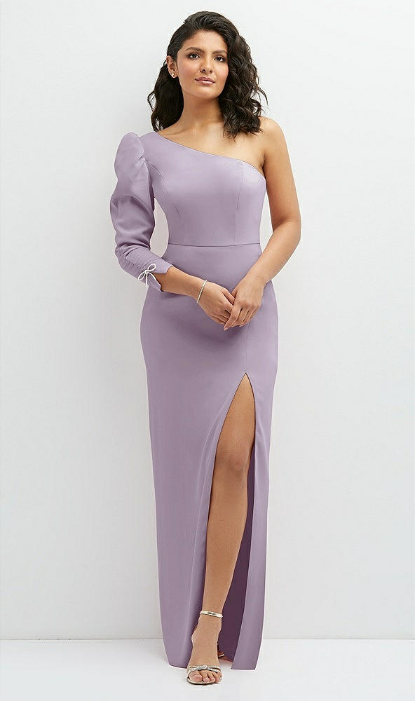 Front View - Lilac Haze 3/4 Puff Sleeve One-shoulder Maxi Dress with Rhinestone Bow Detail
