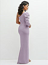 Rear View Thumbnail - Lilac Haze 3/4 Puff Sleeve One-shoulder Maxi Dress with Rhinestone Bow Detail