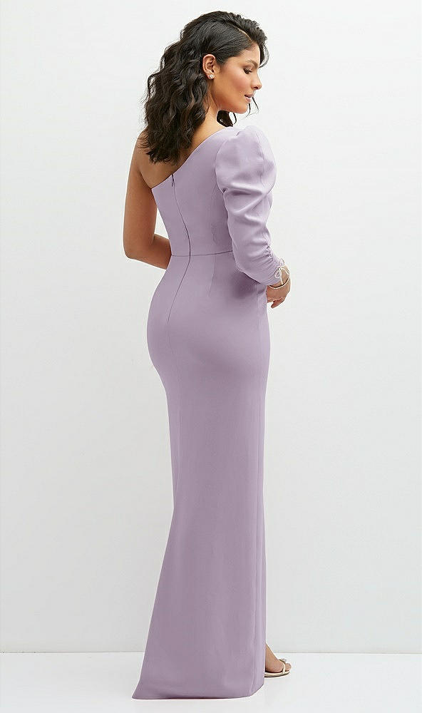 Back View - Lilac Haze 3/4 Puff Sleeve One-shoulder Maxi Dress with Rhinestone Bow Detail