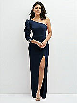 Front View Thumbnail - Midnight Navy 3/4 Puff Sleeve One-shoulder Maxi Dress with Rhinestone Bow Detail