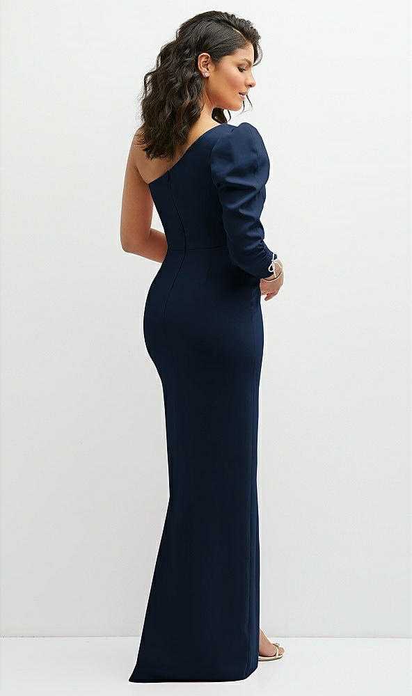 Back View - Midnight Navy 3/4 Puff Sleeve One-shoulder Maxi Dress with Rhinestone Bow Detail