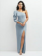 Front View Thumbnail - Mist 3/4 Puff Sleeve One-shoulder Maxi Dress with Rhinestone Bow Detail