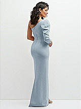 Rear View Thumbnail - Mist 3/4 Puff Sleeve One-shoulder Maxi Dress with Rhinestone Bow Detail