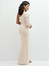Rear View Thumbnail - Oat 3/4 Puff Sleeve One-shoulder Maxi Dress with Rhinestone Bow Detail