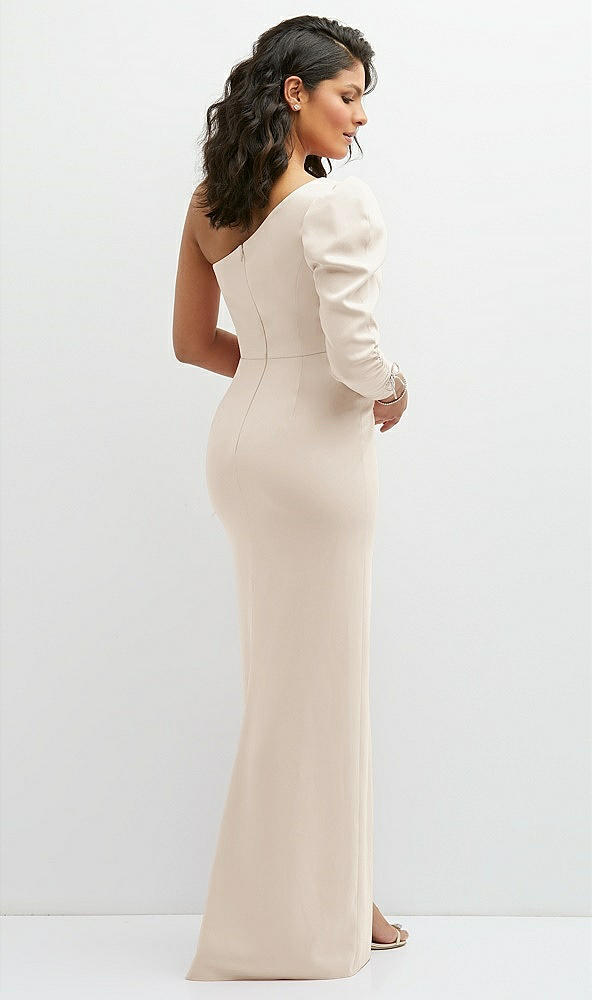 Back View - Oat 3/4 Puff Sleeve One-shoulder Maxi Dress with Rhinestone Bow Detail