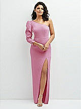 Front View Thumbnail - Powder Pink 3/4 Puff Sleeve One-shoulder Maxi Dress with Rhinestone Bow Detail
