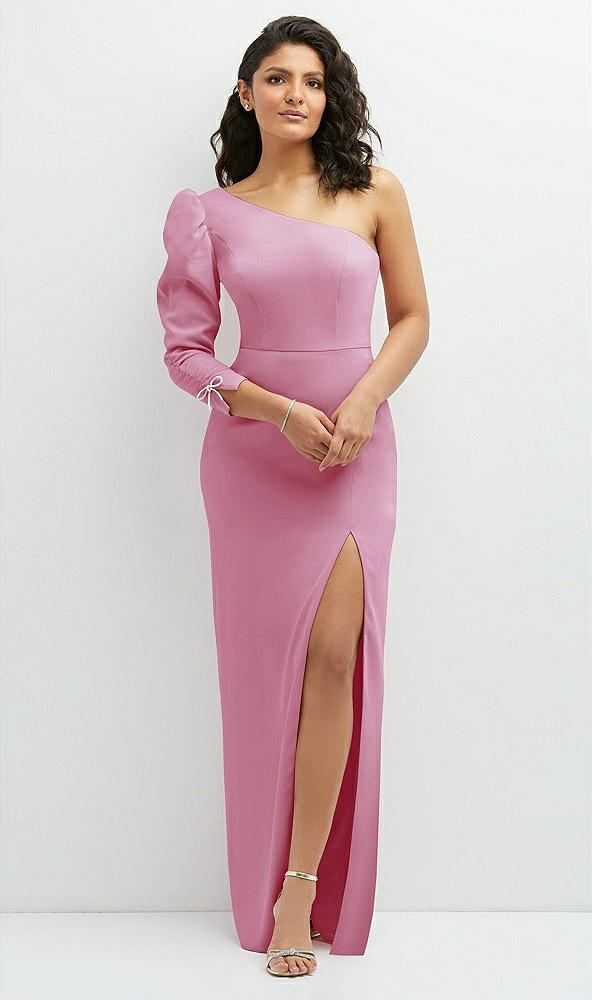 Front View - Powder Pink 3/4 Puff Sleeve One-shoulder Maxi Dress with Rhinestone Bow Detail