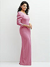 Side View Thumbnail - Powder Pink 3/4 Puff Sleeve One-shoulder Maxi Dress with Rhinestone Bow Detail