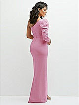 Rear View Thumbnail - Powder Pink 3/4 Puff Sleeve One-shoulder Maxi Dress with Rhinestone Bow Detail