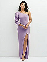 Front View Thumbnail - Pale Purple 3/4 Puff Sleeve One-shoulder Maxi Dress with Rhinestone Bow Detail