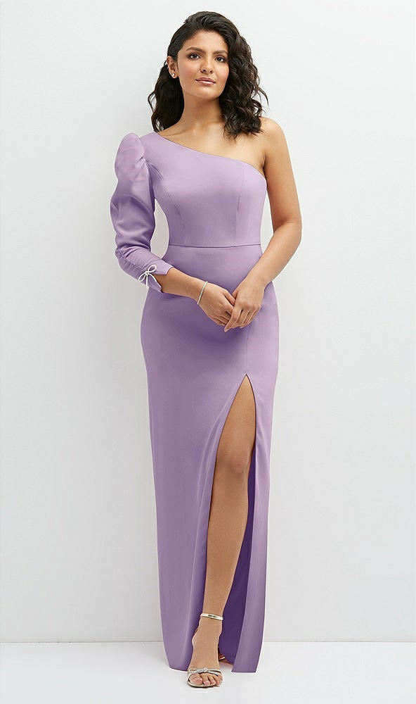 Front View - Pale Purple 3/4 Puff Sleeve One-shoulder Maxi Dress with Rhinestone Bow Detail