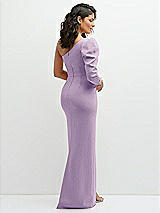 Rear View Thumbnail - Pale Purple 3/4 Puff Sleeve One-shoulder Maxi Dress with Rhinestone Bow Detail