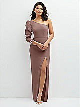 Front View Thumbnail - Sienna 3/4 Puff Sleeve One-shoulder Maxi Dress with Rhinestone Bow Detail