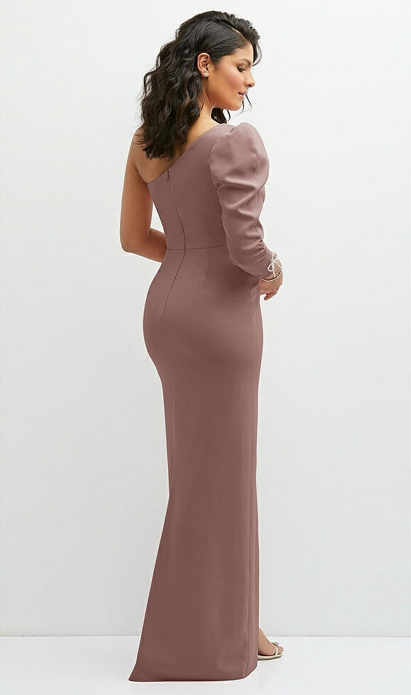Back View - Sienna 3/4 Puff Sleeve One-shoulder Maxi Dress with Rhinestone Bow Detail