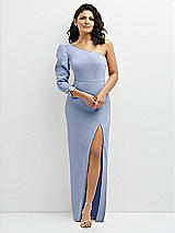 Front View Thumbnail - Sky Blue 3/4 Puff Sleeve One-shoulder Maxi Dress with Rhinestone Bow Detail