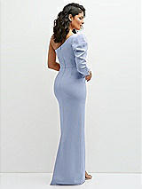 Rear View Thumbnail - Sky Blue 3/4 Puff Sleeve One-shoulder Maxi Dress with Rhinestone Bow Detail