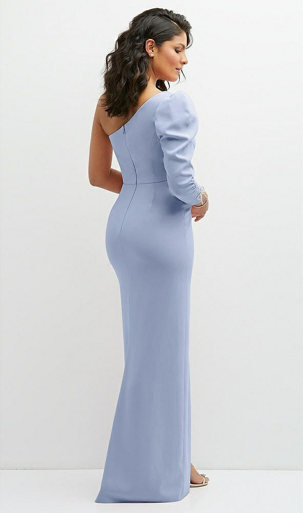 Back View - Sky Blue 3/4 Puff Sleeve One-shoulder Maxi Dress with Rhinestone Bow Detail