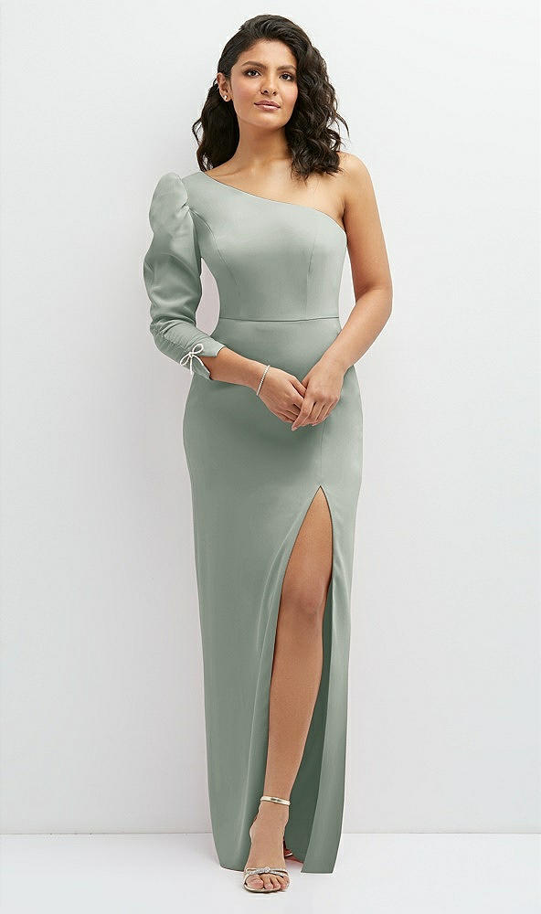 Front View - Willow Green 3/4 Puff Sleeve One-shoulder Maxi Dress with Rhinestone Bow Detail