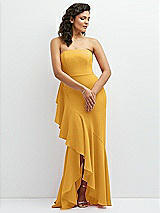 Front View Thumbnail - NYC Yellow Strapless Crepe Maxi Dress with Ruffle Edge Bias Wrap Skirt
