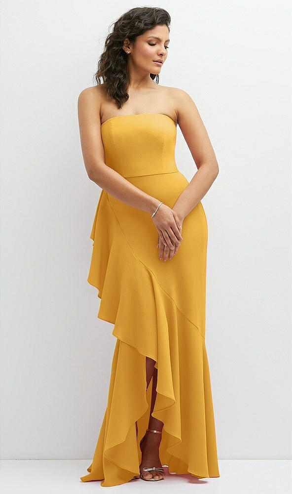 Front View - NYC Yellow Strapless Crepe Maxi Dress with Ruffle Edge Bias Wrap Skirt