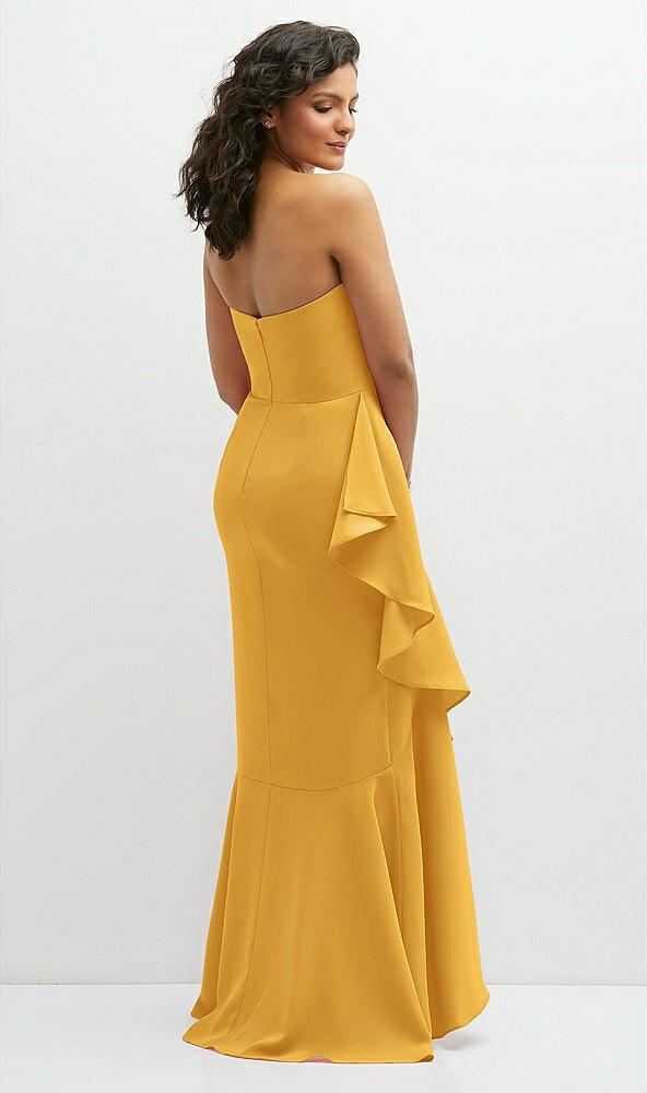 Back View - NYC Yellow Strapless Crepe Maxi Dress with Ruffle Edge Bias Wrap Skirt