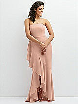 Front View Thumbnail - Pale Peach Strapless Crepe Maxi Dress with Ruffle Edge Bias Wrap Skirt