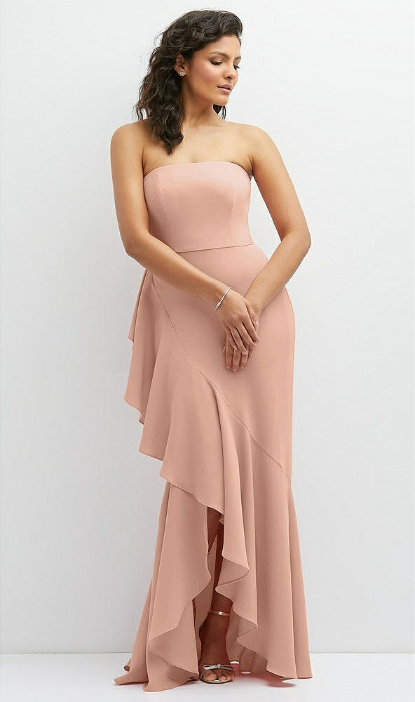 Front View - Pale Peach Strapless Crepe Maxi Dress with Ruffle Edge Bias Wrap Skirt