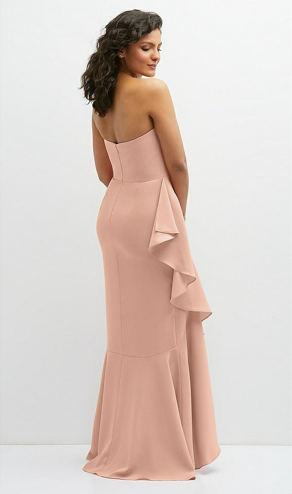 Back View - Pale Peach Strapless Crepe Maxi Dress with Ruffle Edge Bias Wrap Skirt
