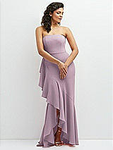 Front View Thumbnail - Suede Rose Strapless Crepe Maxi Dress with Ruffle Edge Bias Wrap Skirt