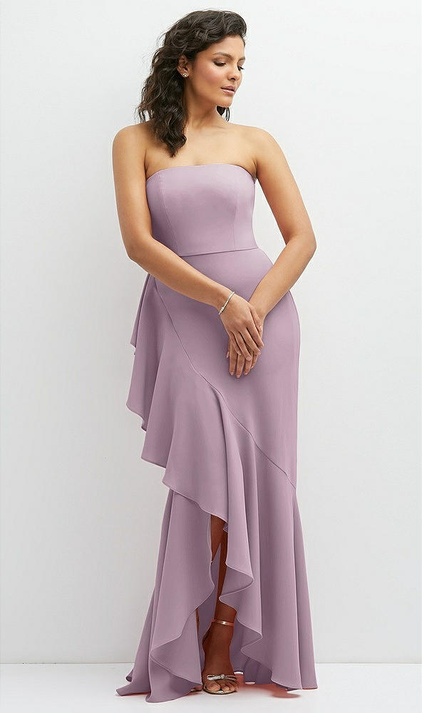 Front View - Suede Rose Strapless Crepe Maxi Dress with Ruffle Edge Bias Wrap Skirt