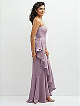 Side View Thumbnail - Suede Rose Strapless Crepe Maxi Dress with Ruffle Edge Bias Wrap Skirt