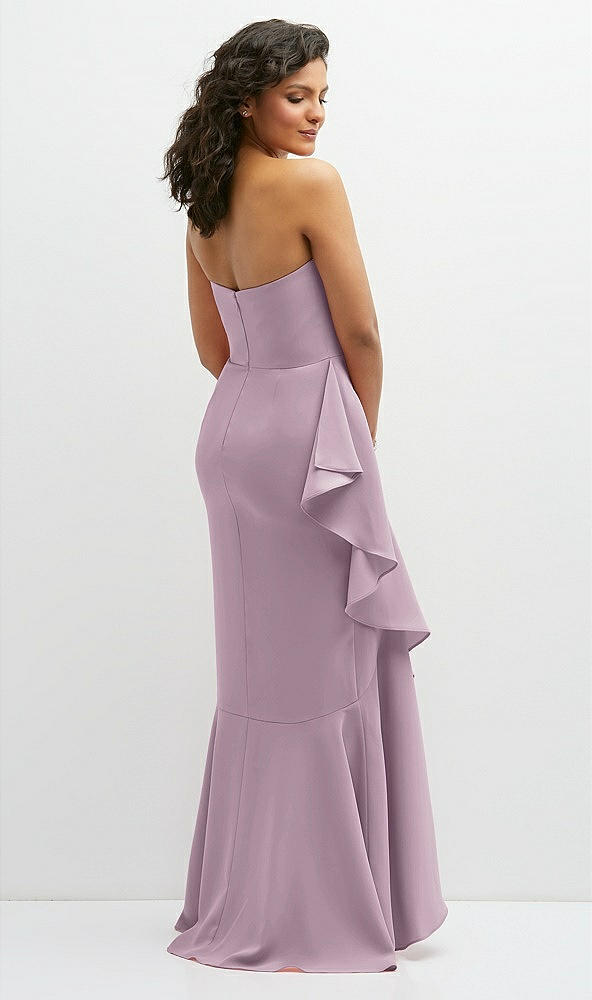 Back View - Suede Rose Strapless Crepe Maxi Dress with Ruffle Edge Bias Wrap Skirt
