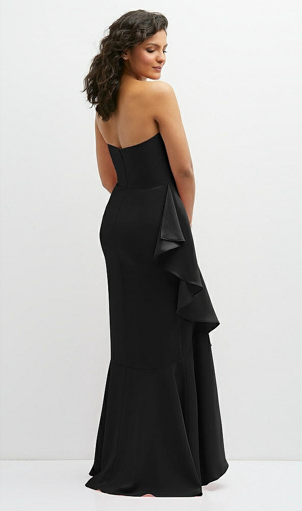 Back View - Black Strapless Crepe Maxi Dress with Ruffle Edge Bias Wrap Skirt