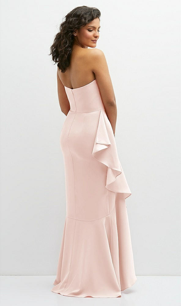 Back View - Blush Strapless Crepe Maxi Dress with Ruffle Edge Bias Wrap Skirt