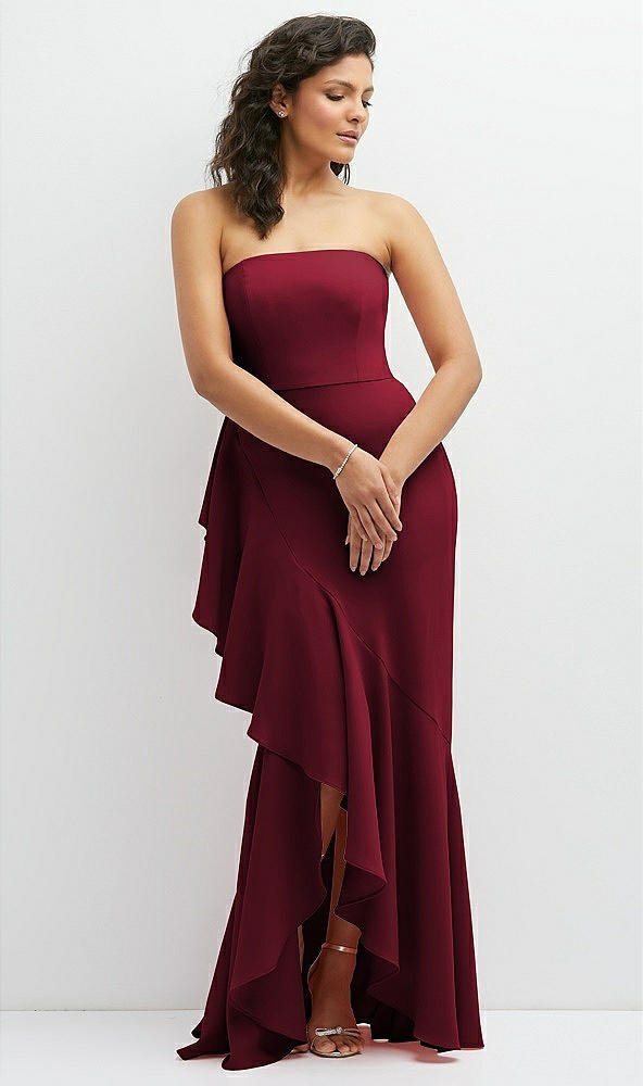 Front View - Burgundy Strapless Crepe Maxi Dress with Ruffle Edge Bias Wrap Skirt