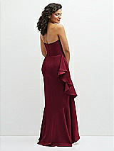 Rear View Thumbnail - Burgundy Strapless Crepe Maxi Dress with Ruffle Edge Bias Wrap Skirt