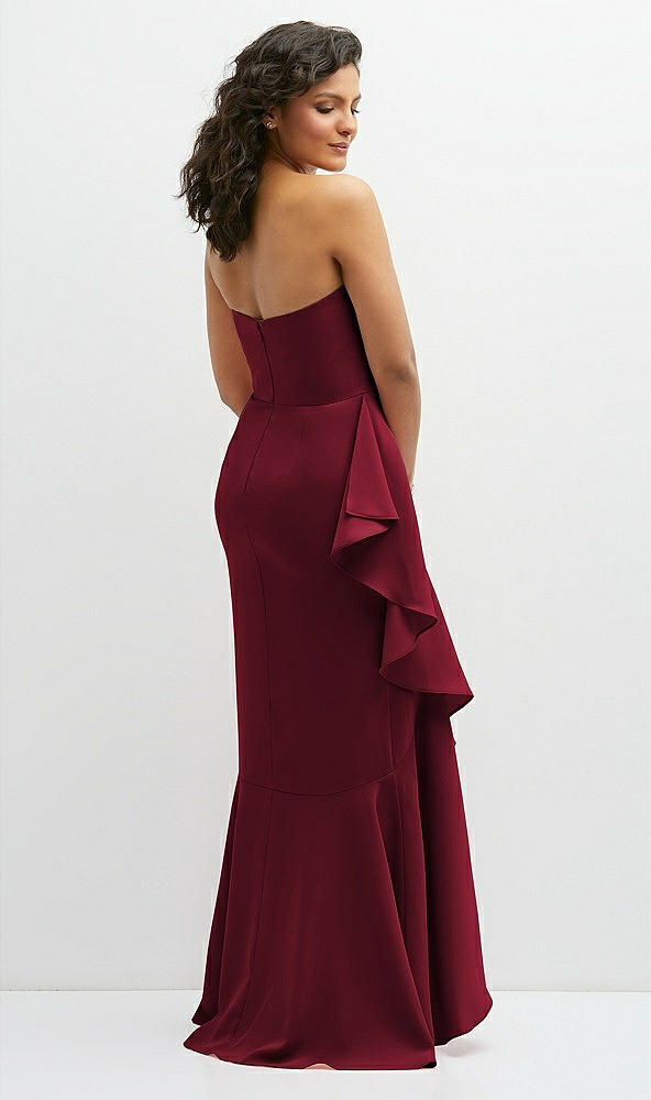 Back View - Burgundy Strapless Crepe Maxi Dress with Ruffle Edge Bias Wrap Skirt
