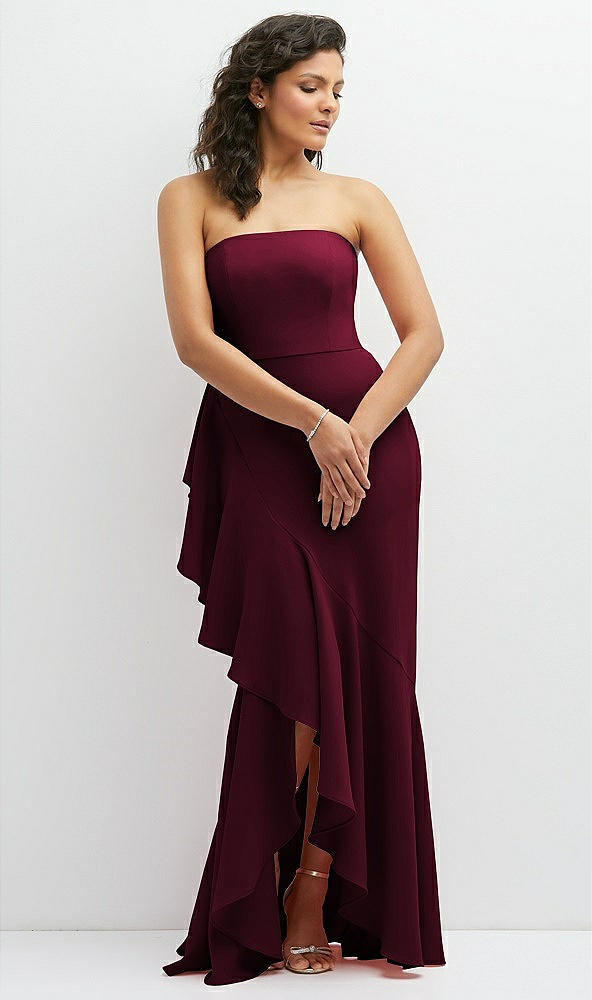 Front View - Cabernet Strapless Crepe Maxi Dress with Ruffle Edge Bias Wrap Skirt